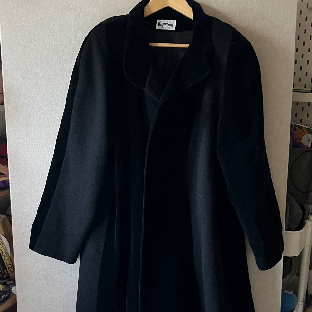 Projections Long Black Wool and Velvet.   (Swing Coat) Vintage